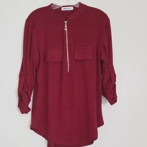 Moyabo Burgundy Long Sleeve Top with Zipper Front Size M.